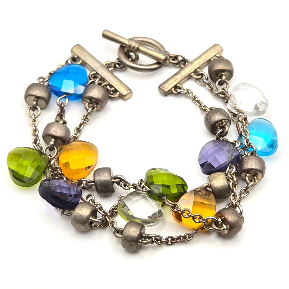 Multicolor 3-Strand Faceted Glass Teardrop Charm Bracelet Silver Tone Toggle 7in